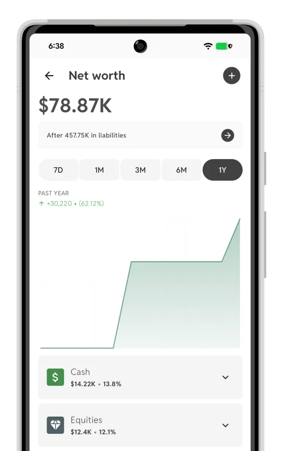 Worthy app showing a net worth total with a growth chart and asset breakdown