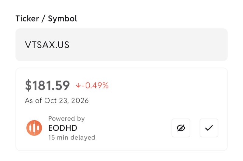 Worthy pricing VTSAX automatically at $181.59, powered by EODHD with a 15-minute delay