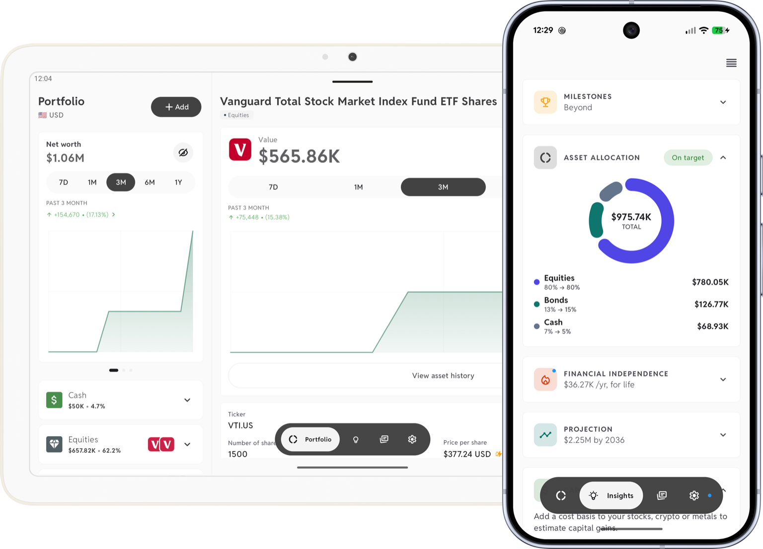 Worthy tracking a $1.06M portfolio holding Vanguard Total Stock Market ETF (VTI), with an 80/15/5 stock, bond and cash allocation on target and financial independence income