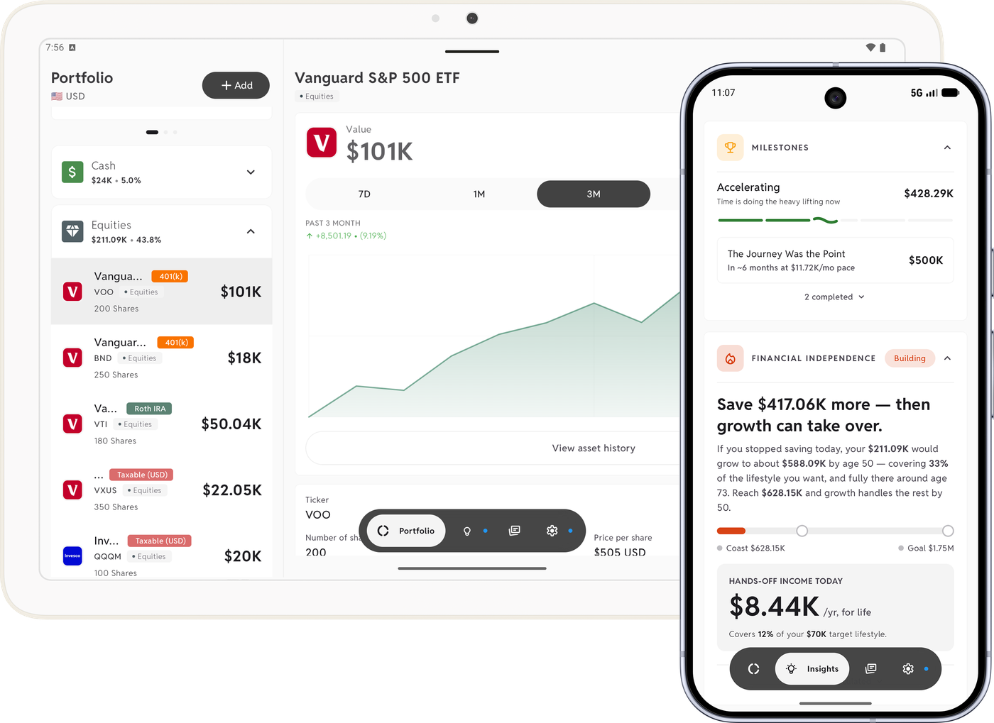 Worthy app on a tablet and phone showing a private net worth portfolio with S&P 500 ETF holdings, and financial independence insights showing hands-off income